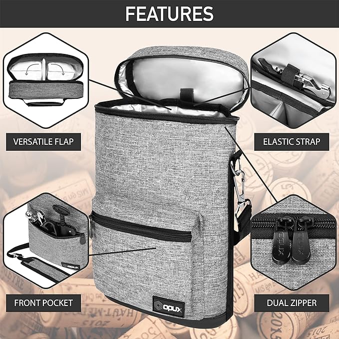 opux Wine Bag 2 Bottle Wine Tote Carrier, Insulated Wine Cooler Bag - Image 4