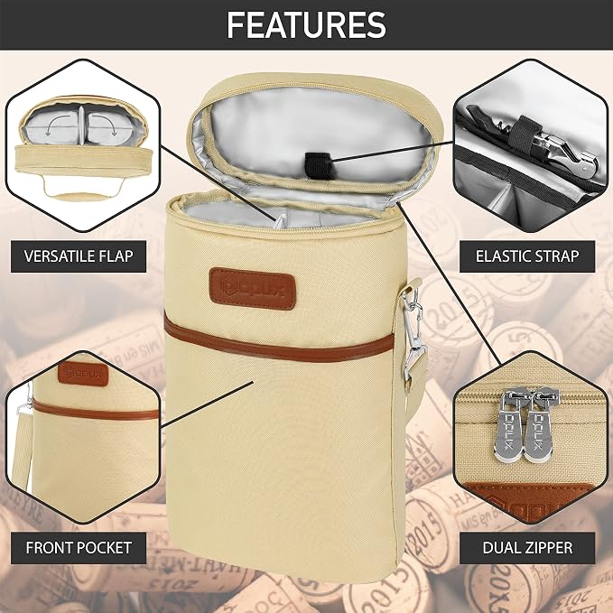 opux 2 Bottle Wine Carrier Tote, Insulated Leakproof Wine Cooler Bag, Wine - Image 4