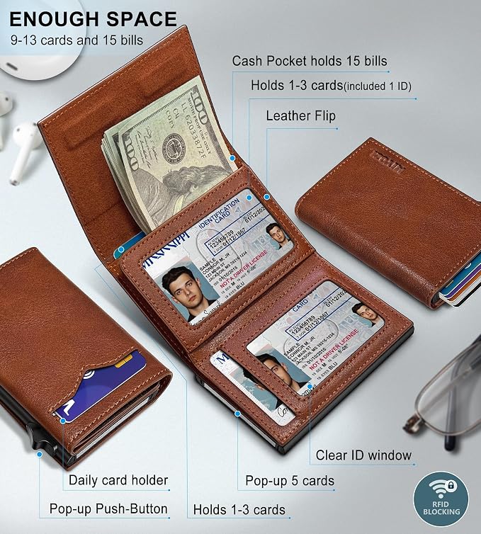 Wallet for Men, with Cash Pocket 2 ID Window 9-13 Cards, Metal Case Smart Slim - Image 2