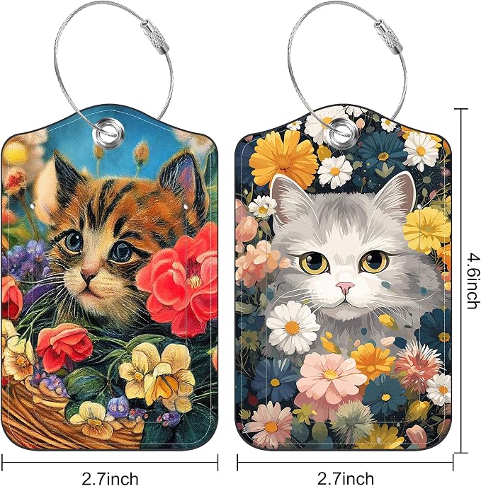 2 PCS Leather Luggage Tags for Suitcase Beautiful Cat Flowers Travel Luggage Tag - Image 2