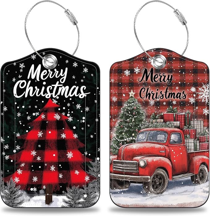 2 Pcs Red and Black Checkered Christmas Tree Luggage Tags by Unknown