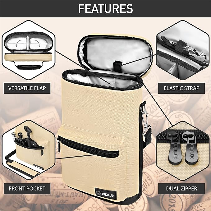 opux Wine Bag 2 Bottle Wine Tote Carrier, Insulated Wine Cooler Bag - Image 4