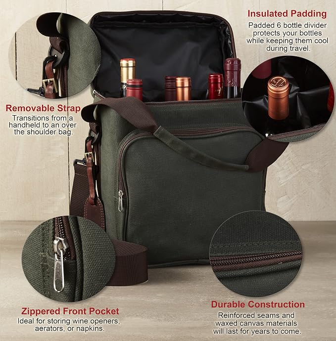 Wine Enthusiast 6-Bottle Waxed Canvas Wine Bag Tote Insulated Wine Carrier - Image 6