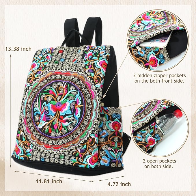 Jursccu Embroidered Women Backpack Purse, Fashion Canvas Travel Anti-theft - Image 5