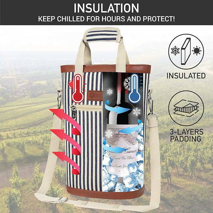 opux Two Bottle Wine Bag Carrier Tote, Insulated Leakproof 2 Bottle Wine Cooler - Image 3
