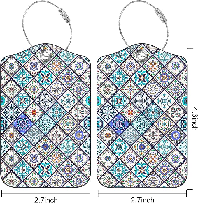 2 Pack Luggage Tags Colorful Moroccan Portuguese Tiles PU Leather Baggage Tag - Image 2