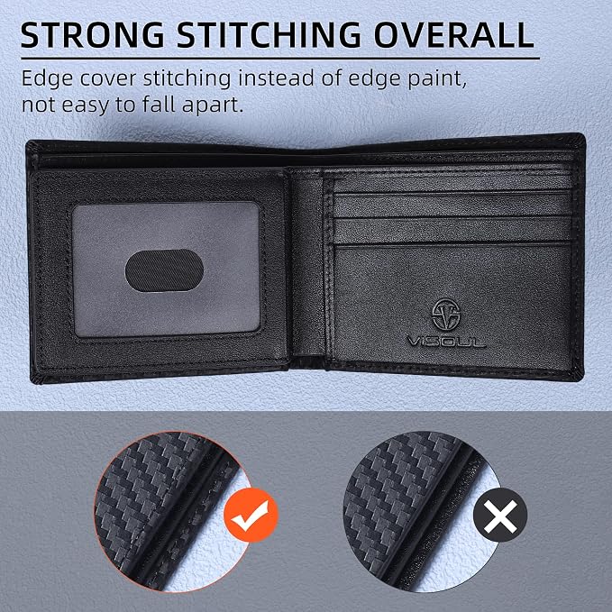 VISOUL Mens Carbon Fiber Leather Bifold Wallet - Image 7