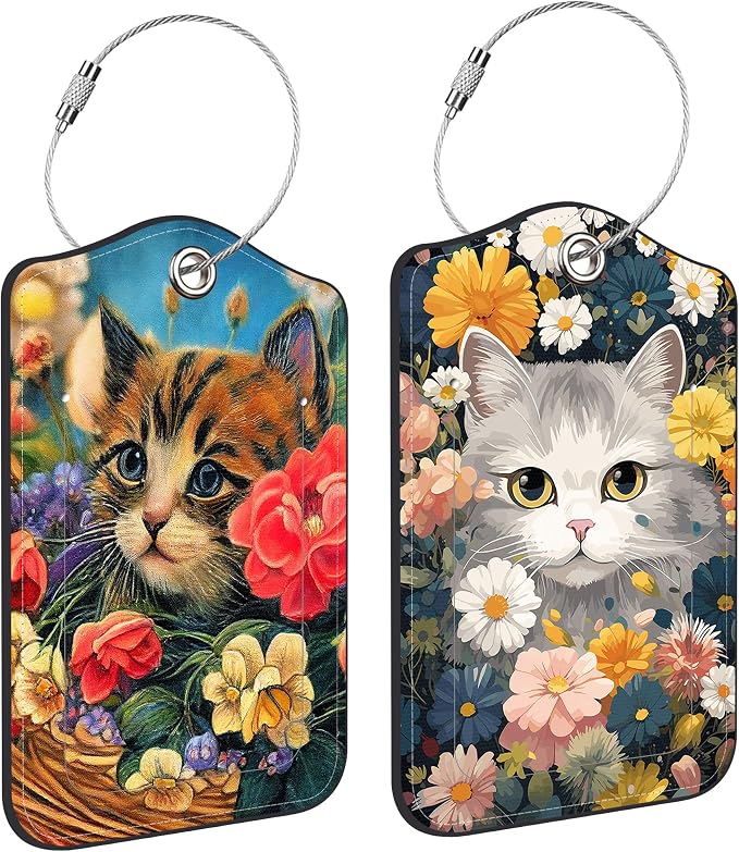 2 PCS Leather Luggage Tags for Suitcase Beautiful Cat Flowers Travel Luggage Tag by Unknown
