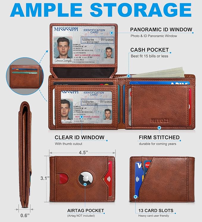 Airtag Wallet for Men, with Cash Pocket 2 ID Window 13 Cards, Slim Leather - Image 2