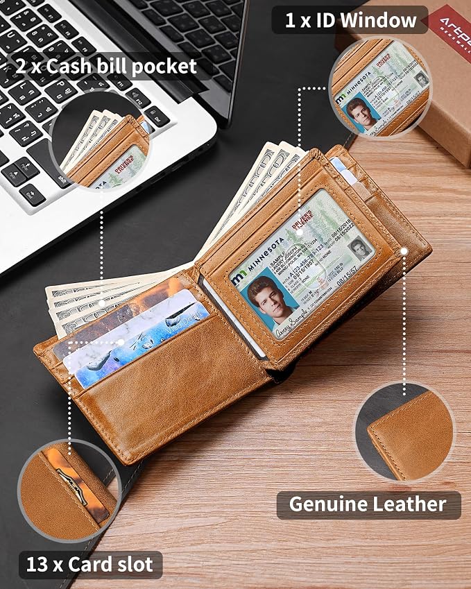 Mens Wallet Genuine Leather Bifold RFID Blocking Wallet - Image 4