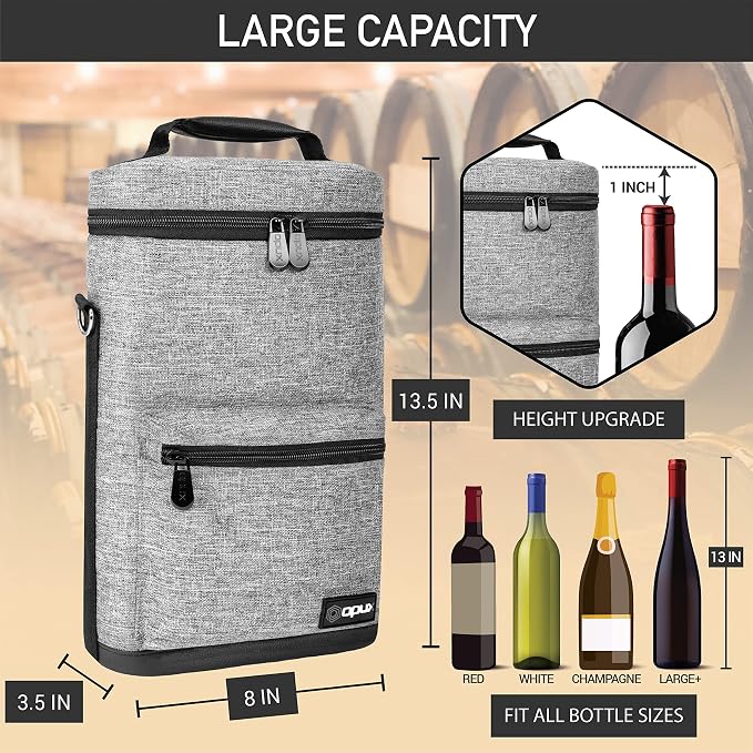 opux Wine Bag 2 Bottle Wine Tote Carrier, Insulated Wine Cooler Bag - Image 3