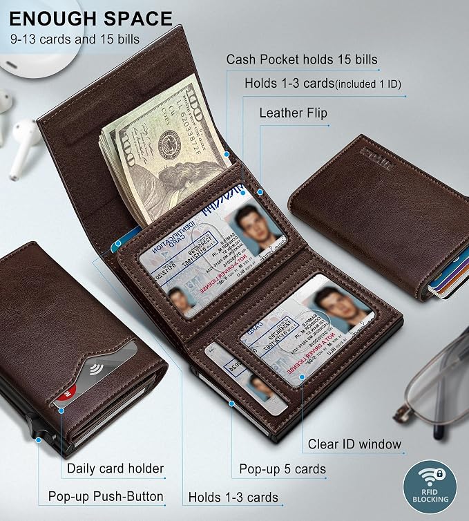 Wallet for Men, with Cash Pocket 2 ID Window 9-13 Cards, Metal Case Smart Slim - Image 2
