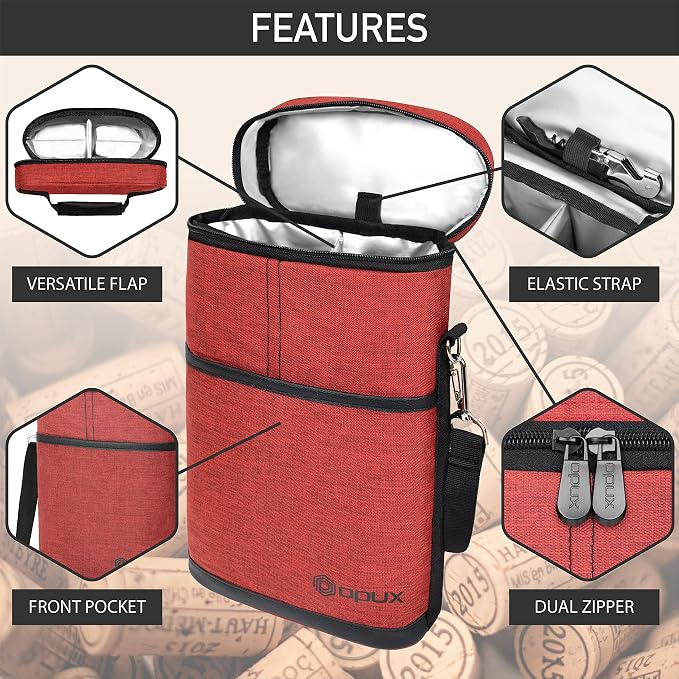 opux 2 Bottle Wine Carrier Tote, Insulated Leakproof Wine Cooler Bag, Wine - Image 4