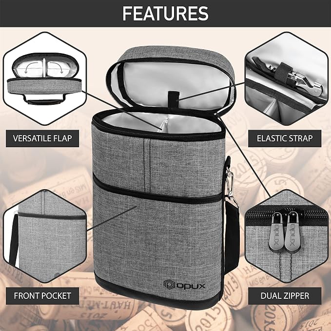 opux 2 Bottle Wine Carrier Tote, Insulated Leakproof Wine Cooler Bag, Wine - Image 4