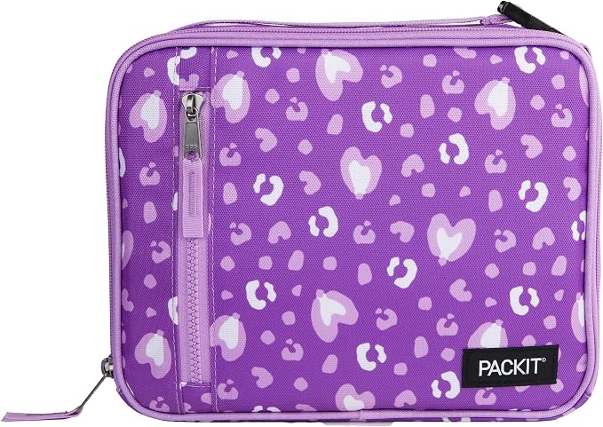 PackIt Freezable Classic Lunch Box, Leopard Hearts Purple, Built by PackIt