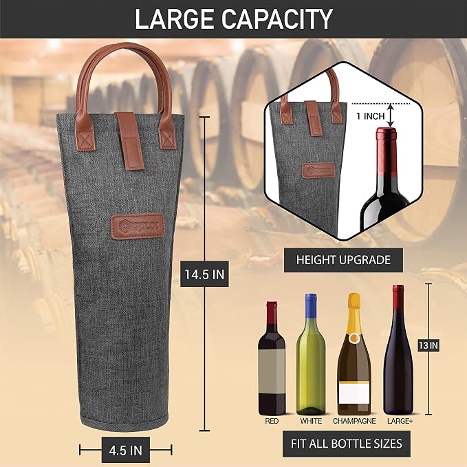 opux Wine Bag Single Bottle Carrier Tote, Insulated Travel Wine Cooler Bag - Image 3