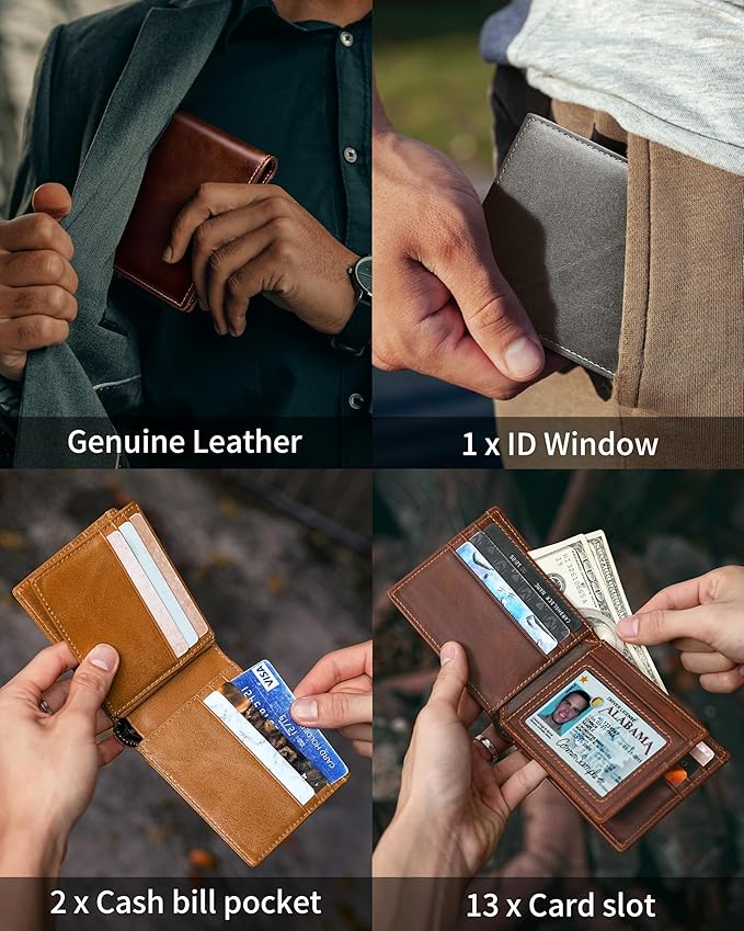 Mens Wallet Bifold Genuine Leather RFID Blocking Wallet - Image 3