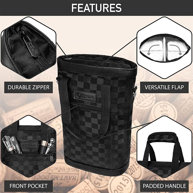 opux Two Bottle Wine Bag Carrier Tote, Insulated Leakproof 2 Bottle Wine Cooler - Image 5
