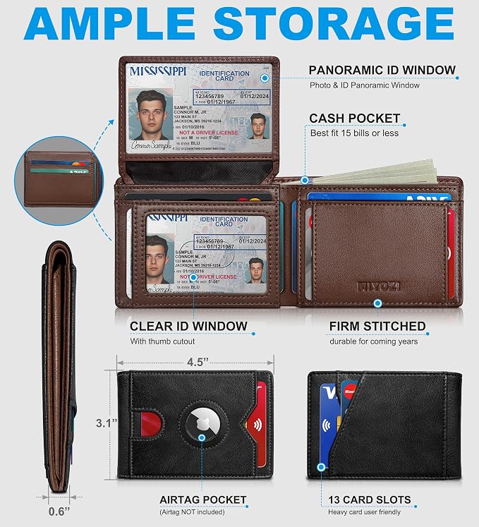 Airtag Wallet for Men, with Cash Pocket 2 ID Window 13 Cards, Slim Leather - Image 2