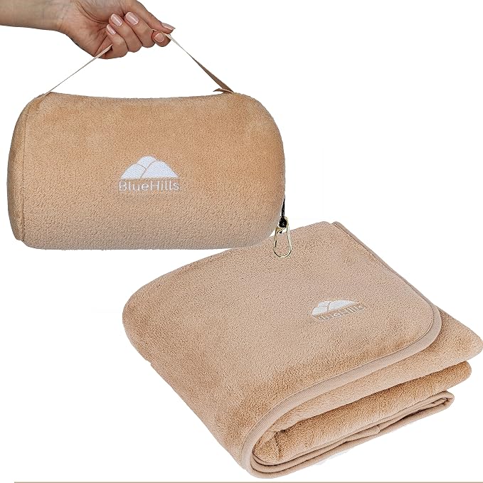 BlueHills Travel Blanket Pillow Rolled Premium Soft Plush Airplane Throw by BlueHills
