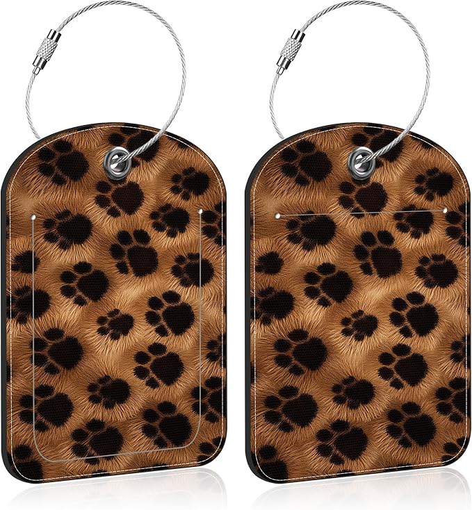 Brown Black Animal Print Paw Prints Leather Luggage Tag by Unknown