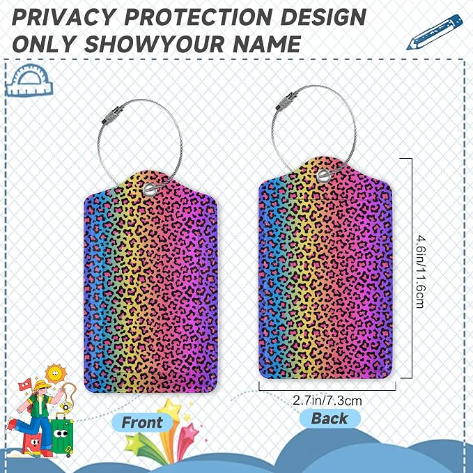 2 Pack Leather Luggage Tag for Suitcase Neon Rainbow Colored Leopard Print - Image 2