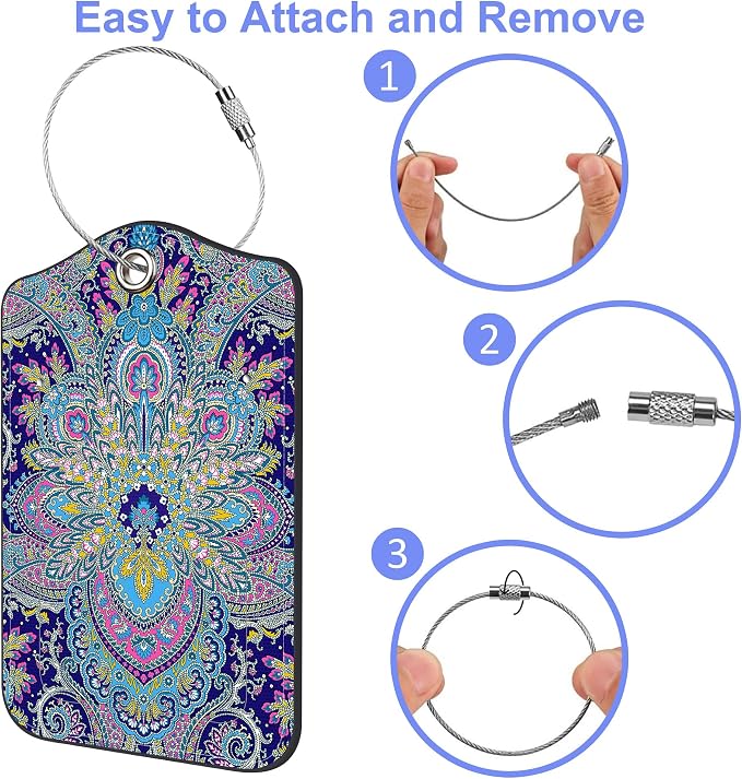 2 Pack Luggage Tags Paisley Pattern and Ethnic Style Floral PU Leather Baggage - Image 4