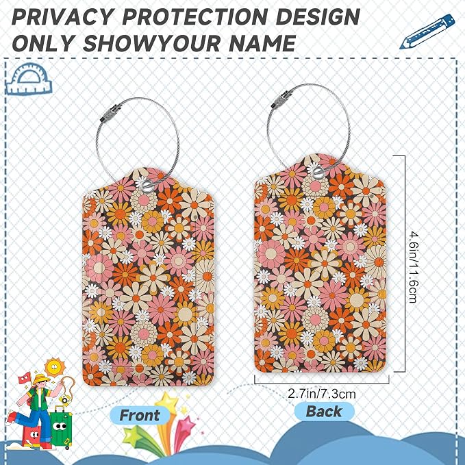 2 Pack Luggage Tag for Suitcase, Vintage Groovy Flowers Leather Suitcase Tags - Image 2