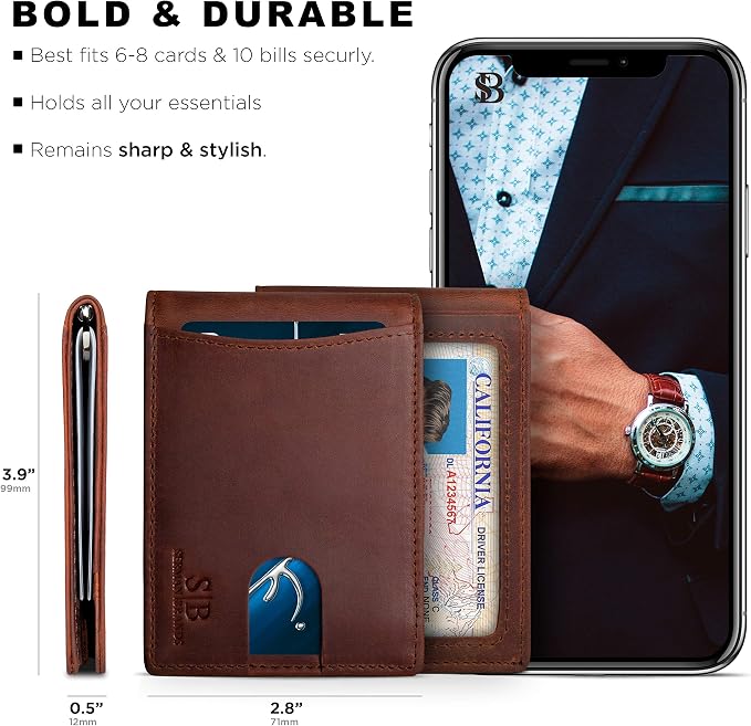 SERMAN BRANDS RFID Blocking Slim Bifold Genuine Leather Minimalist Front Pocket - Image 5