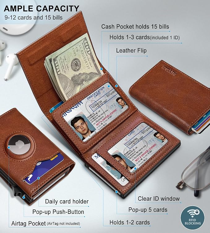 Airtag Wallet for Men, with Cash Pocket 2 ID Window 9-12 Cards, Metal Case - Image 2
