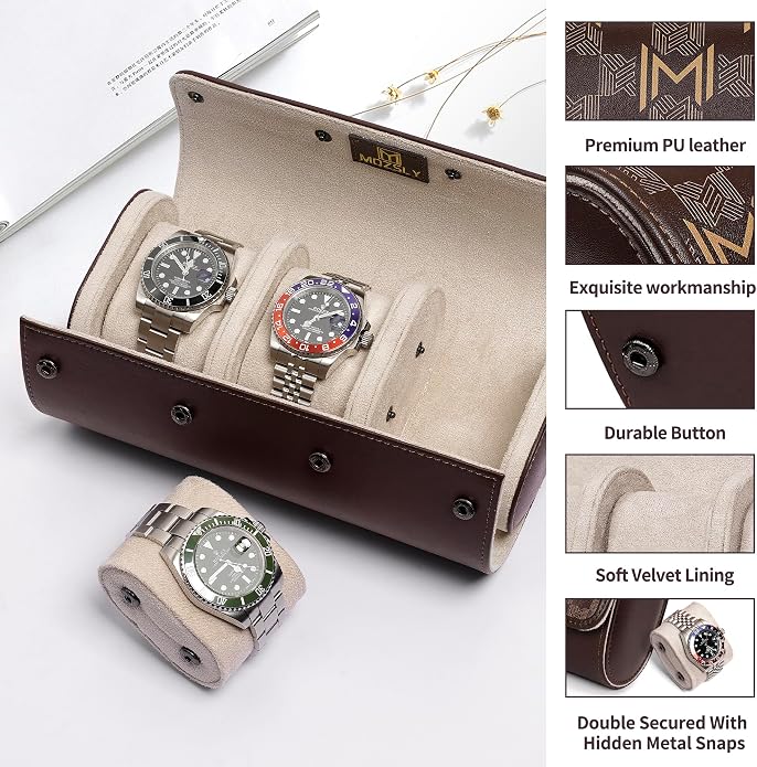 MOZSLY Watch Roll Travel Case 3 Slots Portable Watches Box Organizer Storage - Image 4