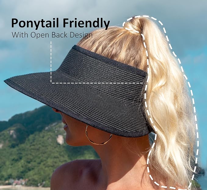 Joywant Womens Sun Visor Hats, Packable Wide Brim Ponytail Beach Hat Straw - Image 5