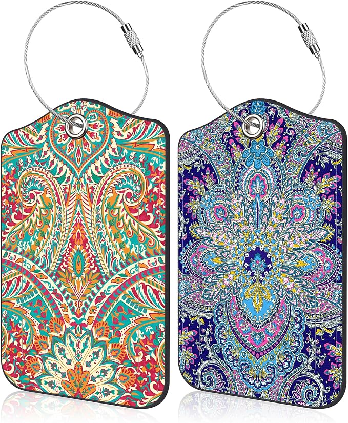2 Pack Luggage Tags Paisley Pattern and Ethnic Style Floral PU Leather Baggage by Unknown