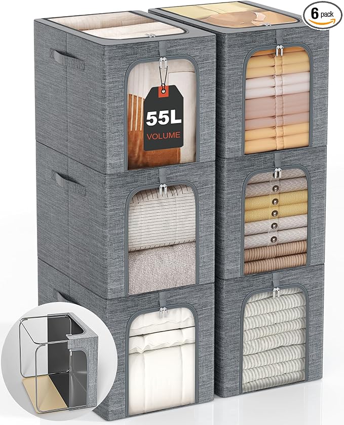 GoMaihe Clothes Storage Bins Metal Frame: 55L Extra Large Stackable Closet by GoMaihe