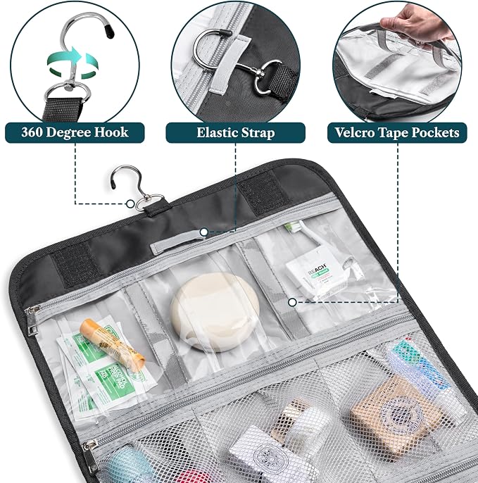 PAVILIA Hanging Toiletry Bag Women Men, Travel Kit Foldable Large Toiletries - Image 3