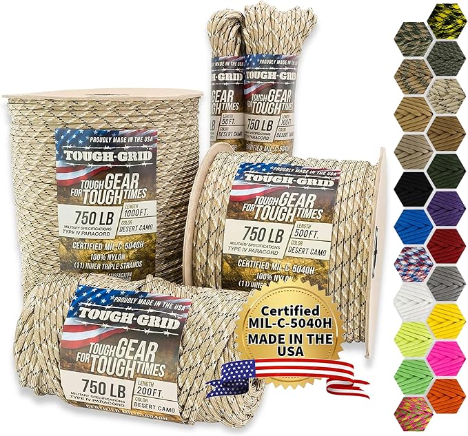 TOUGH-GRID 750 Paracord Rope Nylon Parachute Cord, Made in USA Survival Kit by TOUGH-GRID