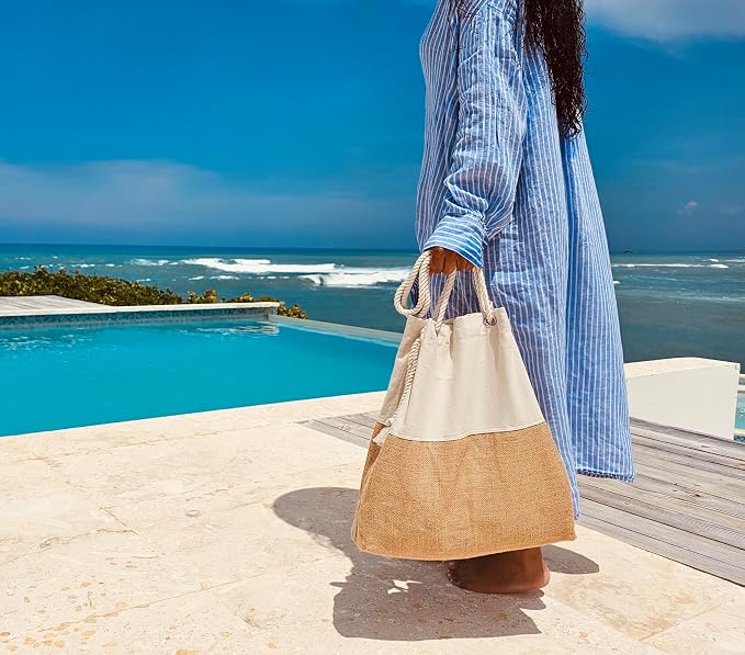 Large Beach Tote Bag with Hat Holder Straps, Womens large beach bag- Vation - Image 2