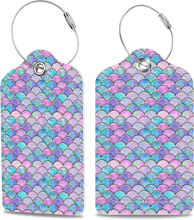 2 Pack Luggage Tags for Suitcase Watercolor Mermaid Fish Scale Wave Leather by MSEAANBK