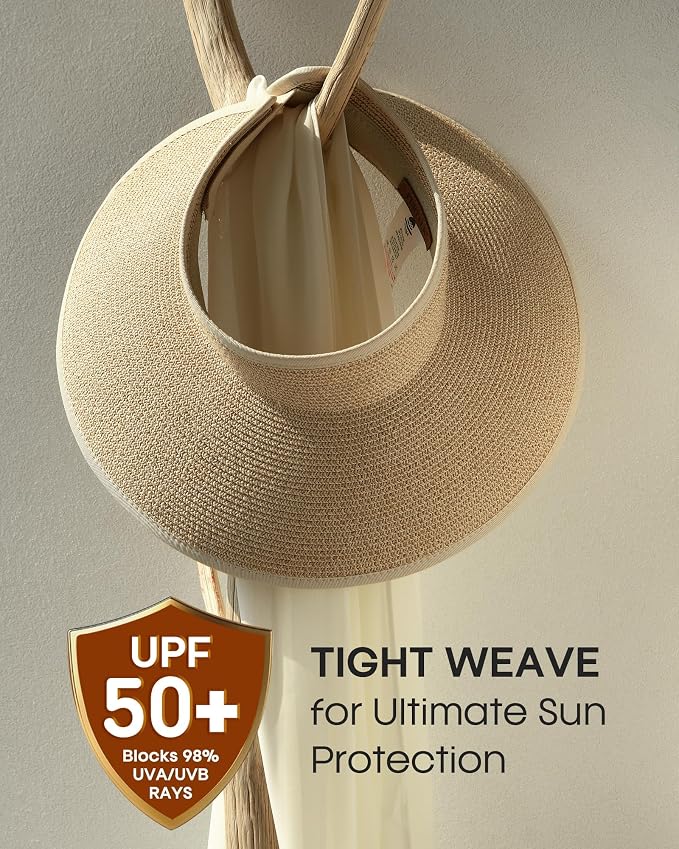 Womens Sun Visor Hats Wide Brim Straw Beach Hat UV Protection Ponytail Packable - Image 4