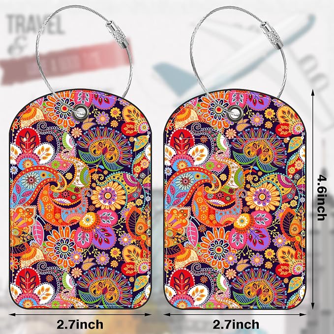 2 PCS Leather Luggage Tags for Suitcase Boho Colorful Paisley Travel Luggage Tag - Image 2