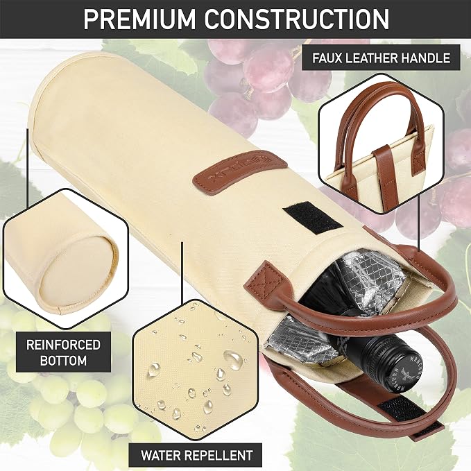 opux Wine Bag Single Bottle Carrier Tote, Insulated Travel Wine Cooler Bag - Image 5
