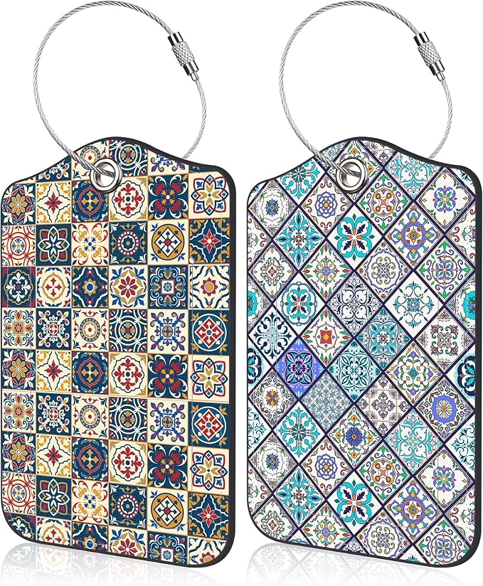 2 Pack Luggage Tags Colorful Moroccan Portuguese Tiles PU Leather Baggage Tag by Unknown