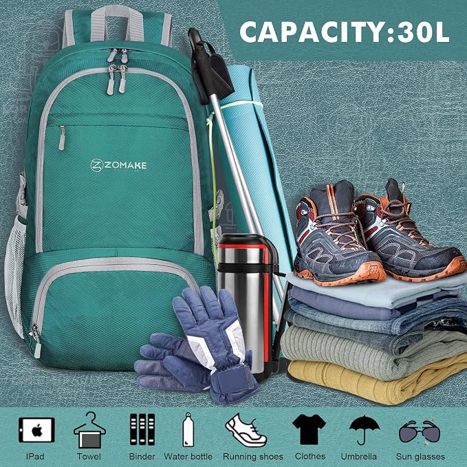 ZOMAKE Lightweight Packable Backpack 30L, Foldable Hiking Backpacks Water - Image 3