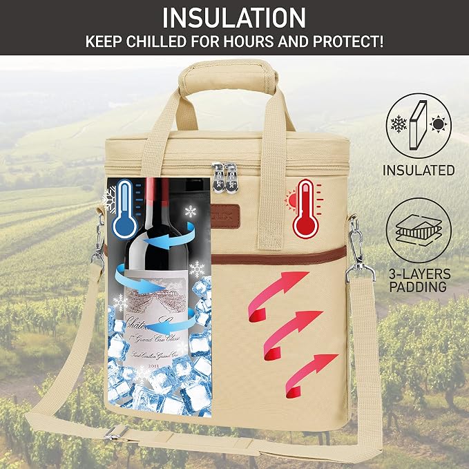 OPUX 3 Bottle Wine Carrier Tote, Insulated Leakproof Wine Cooler Bag, Wine - Image 2