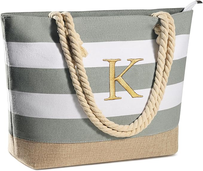 YOOLIFE Initial Canvas Waterproof Beach Tote Bag Zipper Personalized Gifts by YOOLIFE