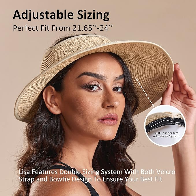 Joywant Womens Sun Visor Hats, Packable Wide Brim Ponytail Beach Hat Straw - Image 4