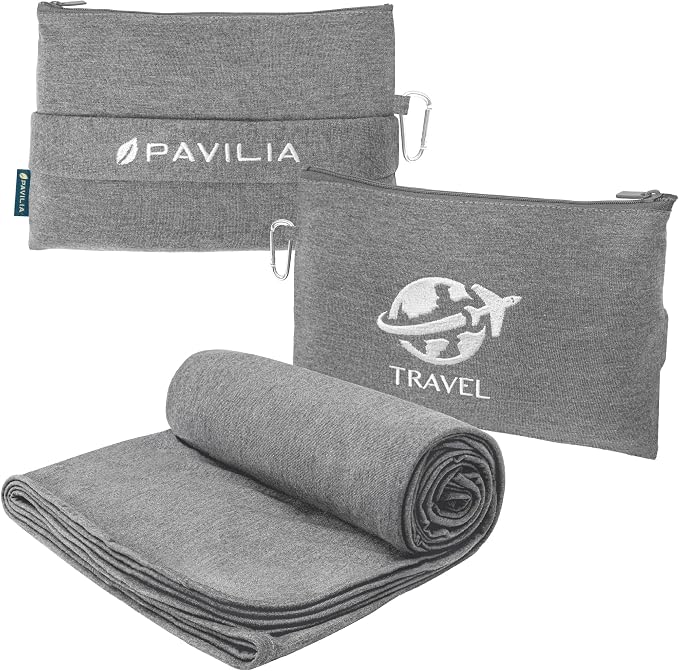 PAVILIA Soft Travel Blanket, Compact Airplane Blanket in Bag, Portable Blanket by PAVILIA