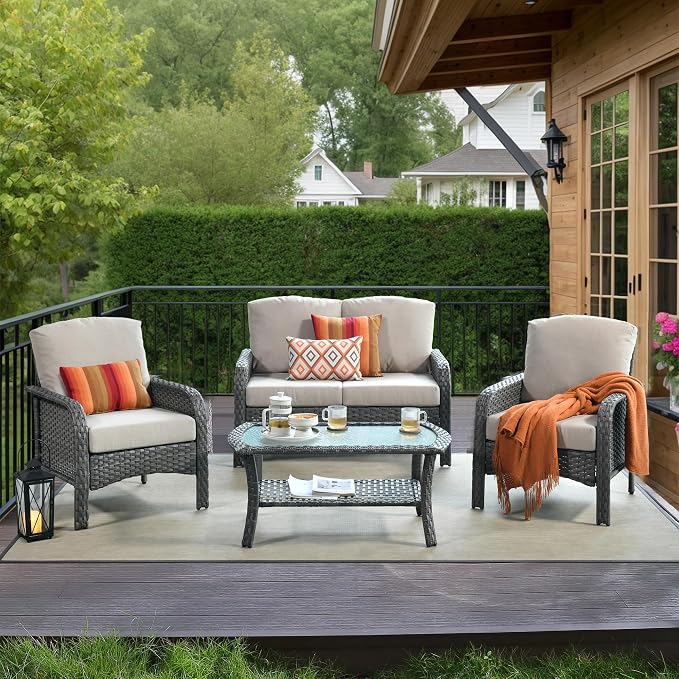 HOOOWOOO Patio Furniture Set, 4 Pieces Outdoor Conversation Set, All Weather by DesignforBetterLife
