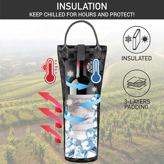 opux Wine Bag Single Bottle Carrier Tote, Insulated Travel Wine Cooler Bag - Image 2