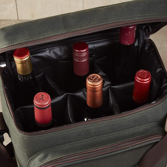 Wine Enthusiast 6-Bottle Waxed Canvas Wine Bag Tote Insulated Wine Carrier - Image 2